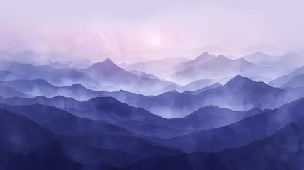 Papier Peint photo Violet Mountain Serenade: minimalist depiction of mountains under a pastel-colored night sky, illuminated by the soft glow of moonlight.