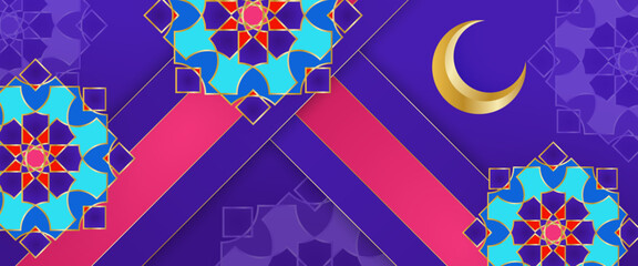 Pink blue and purple violet vector realistic islamic banner set with lanterns with lamp and mandala ornament. For greeting card, advertising, discount, poster, background and banner