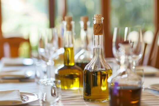 oil and vinegar bottles as part of a table setting with wine glasses