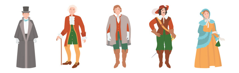 Man and Woman Character Wear Renaissance Traditional European Clothes Vector Set