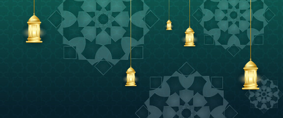 Green white and gold vector banner template for islamic ramadan celebration with lamp and mandala ornaments. For greeting card, advertising, discount, poster, background and banner