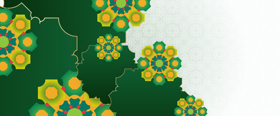 Orange green and white vector luxury islamic banner with lamp and mandala ornament. For greeting card, advertising, discount, poster, background and banner