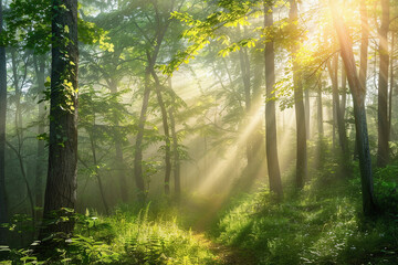 Fototapeta na wymiar Forest Light Play, Sunrays Piercing Through the Verdant Canopy of a Misty Woodland