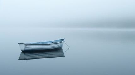 A serene and minimalist scenery featuring a single rowboat on a tranquil, fog-covered lake, evoking...