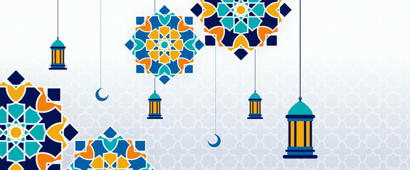 White orange and blue vector luxury and modern islamic arabic banner with lamp and mandala ornament. For greeting card, advertising, discount, poster, background and banner