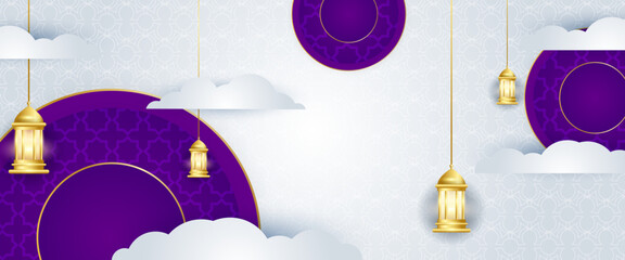 Gold white and purple violet vector luxury and modern islamic arabic banner with lamp and mandala ornament. For greeting card, advertising, discount, poster, background and banner