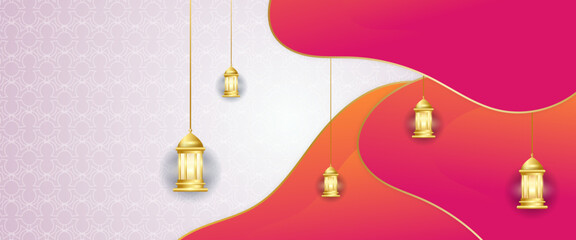 Pink white and gold vector gradient illustration for islamic banner with lamp and mandala ornament. For greeting card, advertising, discount, poster, background and banner