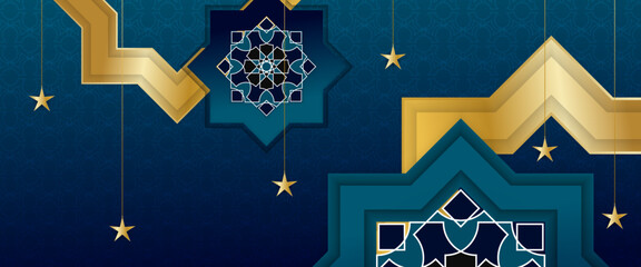 Blue and gold vector luxury and elegant banner template islamic with lamp and mandala ornament. For greeting card, advertising, discount, poster, background and banner