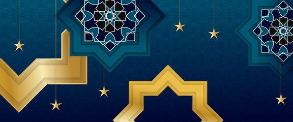 Blue and gold vector luxury islamic banner with lamp and mandala ornament. For greeting card, advertising, discount, poster, background and banner