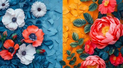 One half is a vibrant, hand-painted floral pattern, and the other half a sleek, modern graphic design, blending traditional and contemporary art styles. - obrazy, fototapety, plakaty