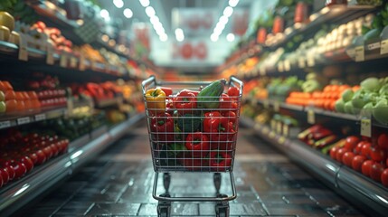 POV pushing empty grocery cart in vegetable aisle, realistic. - obrazy, fototapety, plakaty