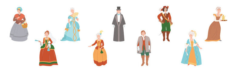 Man and Woman Character Wear Renaissance Traditional European Clothes Vector Set