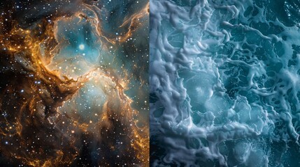 One side depicts an explosion of cosmic stars and galaxies, while the other shows the calm, deep blue of the ocean's depths, contrasting the vastness of space with the depth of the sea. - obrazy, fototapety, plakaty
