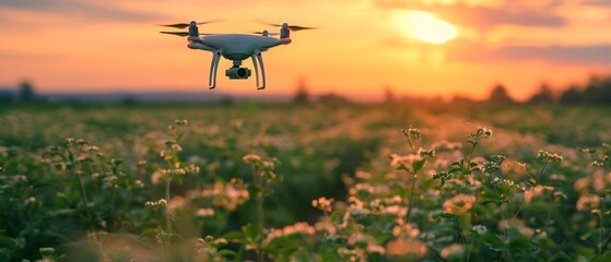 Digital devices in agriculture, drone and smart farming technology, green fields, sunny day,...