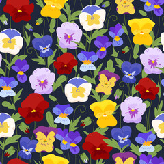 Colorful viola pansy flower meadow seamless pattern. Garden wild Plant background for fashion, wallpapers, print. Many different flowers on the field. Liberty style millefleurs