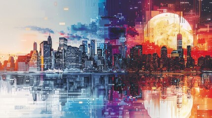 One side featuring a detailed pencil sketch of a city skyline, while the other side bursts with colorful, digital art of the same skyline at night, showing different artistic interpretations.