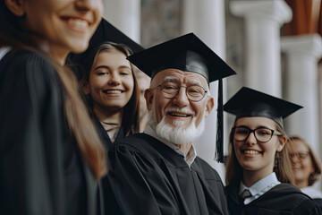 Group of young college graduates and professor at graduation
 - obrazy, fototapety, plakaty