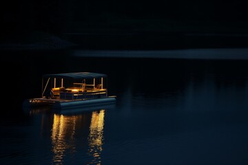 nighttime shot of litup pontoon boat floating on a tranquil lake - obrazy, fototapety, plakaty