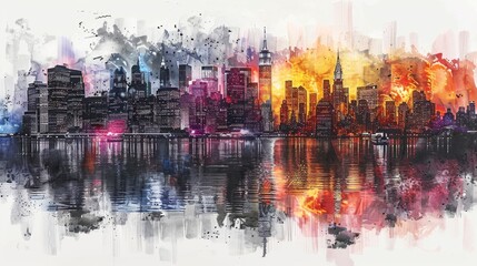 One side featuring a detailed pencil sketch of a city skyline, while the other side bursts with colorful, digital art of the same skyline at night, showing different artistic interpretations.