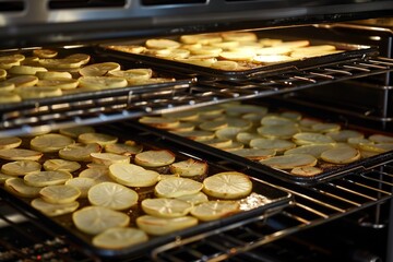 industrial oven baking sheets of potato slices