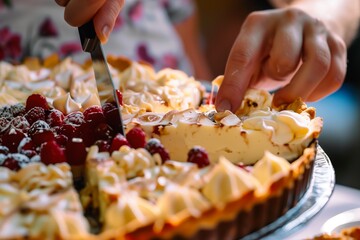 closeup of a dessert being sliced at a potluck dinner - obrazy, fototapety, plakaty