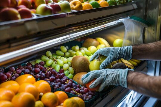 person in gloves organizing a refrigerated fruit display