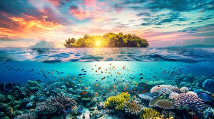 Fototapeta na wymiar A coral reef stretches beneath the oceans surface, with a tropical island visible in the distant background