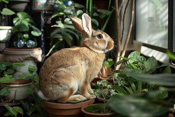 rabbit with wayfarers sitting among potted plants