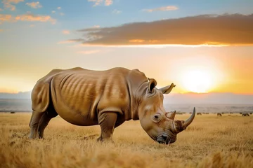 Zelfklevend Fotobehang rhino grazing in field with sunset backdrop © studioworkstock