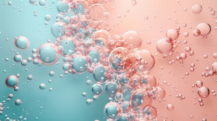 minimalist canvas divided horizontally between soft coral and aqua, accented by clusters of iridescent bubbles arranged in a symmetrical layout. - obrazy, fototapety, plakaty