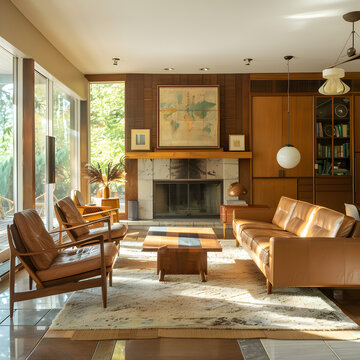 Mid-century style home interior design of modern living room. Brown leather sofa and chairs in room with fireplace. 3d render.