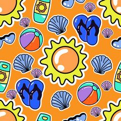 Beach Vibes: Colorful Vector Seamless Pattern Featuring Sun, Flip Flops, Beach Balls, Sunglasses, and Seashells