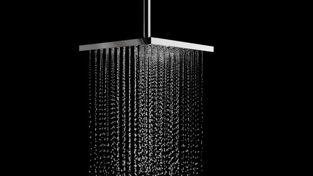 Closeup Macro isometric slow motion Rain shower droplet water with alpha matte. 3D animation . 4K