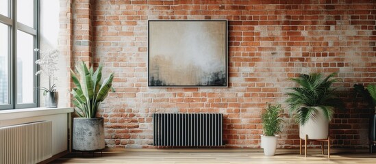 Minimalist loft-style living room in a modern house with a decorative painting above a radiator and potted plant, showcased in a vertical brick wall photograph. - Powered by Adobe