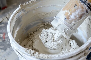 mixing plaster in a bucket for a mold making - obrazy, fototapety, plakaty