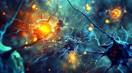 Human brain neurons network abstract background for medical and science research. Glowing neuron cells connected with millions of neurons. - obrazy, fototapety, plakaty