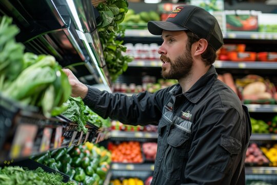 A clear bright image of a worker in a grocery store explaining the freshness indicators of produce to a customer