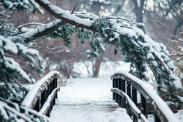 snowy pine branches arching over a small wooden bridge