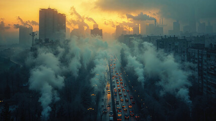 A city street with a lot of smoke and cars