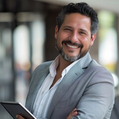 Fototapeta premium Smiling Hispanic businessman 40-50 years old, active business man in front of his office