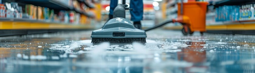 Fototapeta premium An employee using a steam cleaner on the store floors near product displays