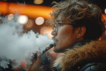A man smokes a cigarette while wearing glasses and a fur coat - obrazy, fototapety, plakaty
