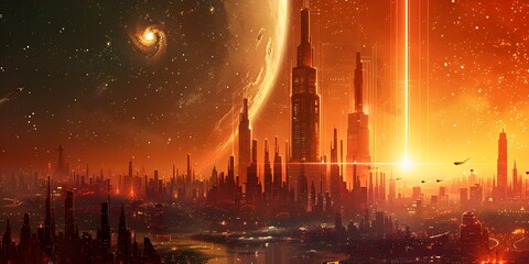 Surreal Futuristic Cityscape with Energy Beam Tower and Intergalactic Planet Landscape. Concept Surreal Futuristic, Cityscape, Energy Beam Tower, Intergalactic Planet Landscape