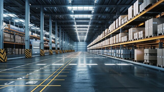 Spacious and organized warehouse interior with stocked shelves and clear aisle for logistics efficiency.
 Modern Warehouse Interior with Rows of Shelves
