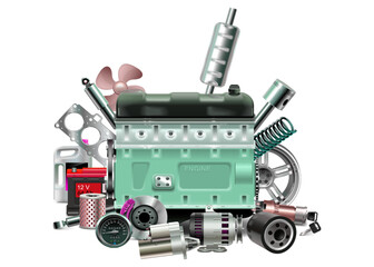Vector of a car engine with an assortment of mechanical components - obrazy, fototapety, plakaty