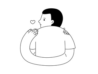 A boy and his hand on his shoulder in self love concept, black hand line drawing.