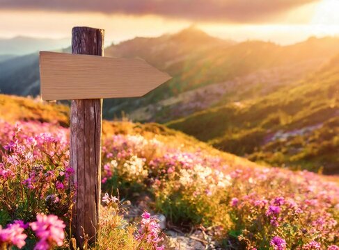Wooden signpost mock up on a mountain trail among pink wildflowers at golden hour