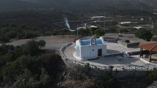 Aerial video above a small church on the island of Crete, Greece