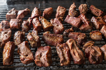 Cooked beef steak, Roast beef on metal sheet - 768819515