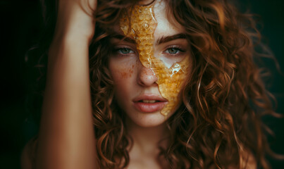 Fashion commercial Concept. Portrait of pretty woman with tousled hair, dewy skin fresh freckle radiant shiny face with honey liquid dripping, for beauty makeup skincare ad. copy text space - obrazy, fototapety, plakaty